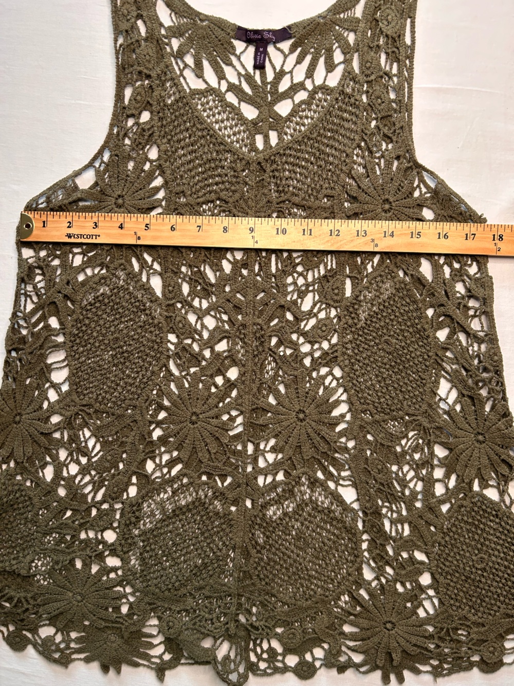 Olivia Sky Crochet Lace Tank Top Medium Olive Green Boho Floral Open Knit - Picture 6 of 6